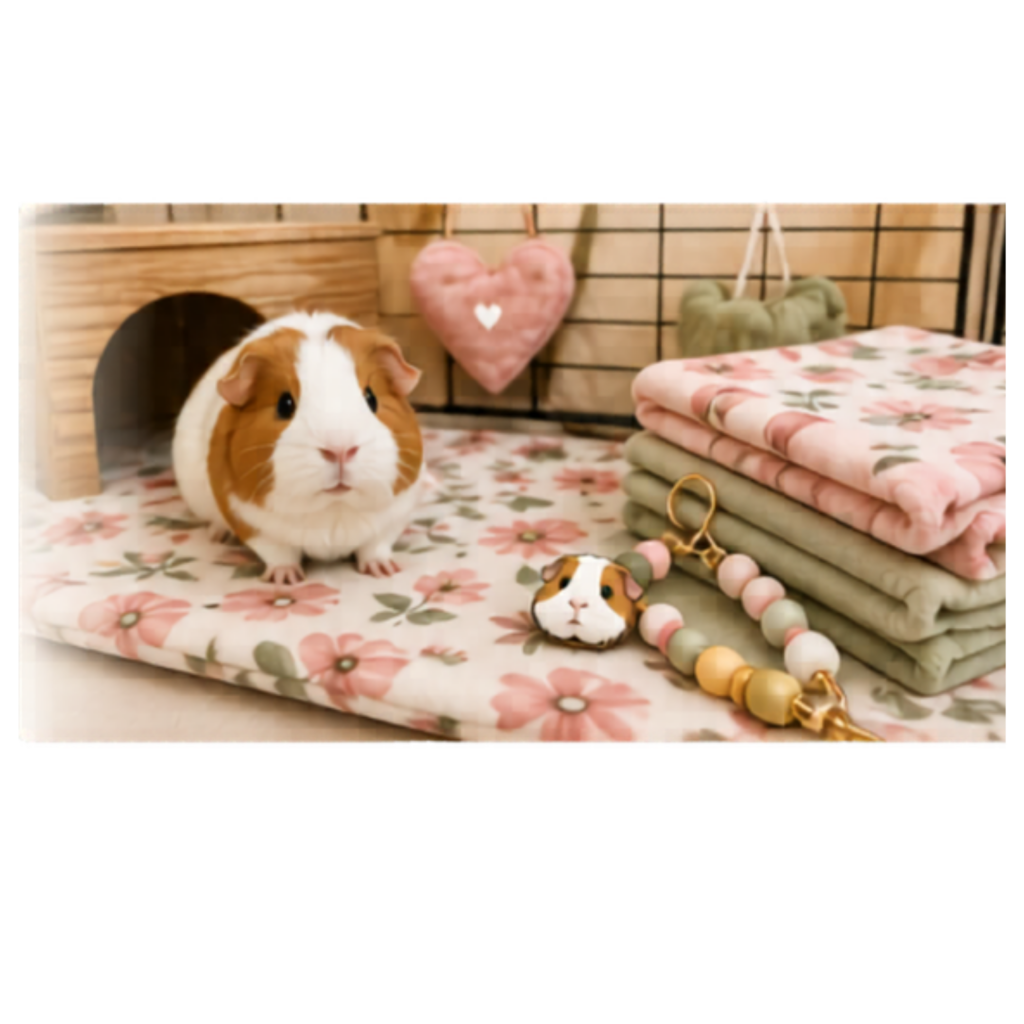 Cozy guinea pig setup with fleece liner and keychains